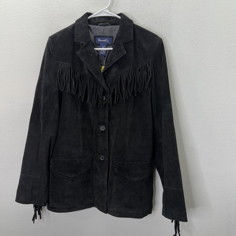Denim & Co Black Fringe Leather Western Jacket Blazer Womens M Suede Sz S NWT